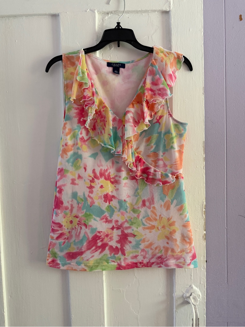 Chaps Pink Multicolor Floral Ruffle V-Neck Camisole
